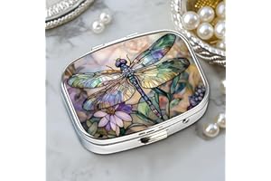 Chic tained Glass Dragonfly-Compartment Metal Pill Box – Compact and Stylish Medication Organizer, Food-Safe, Portable for Wa