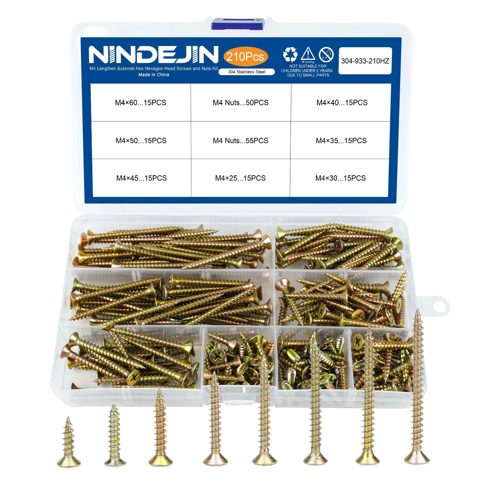 NINDEJIN Wood Screws Kit, M4 with 8 Size, Flat Head Cross Recessed Fiberboard Screw Finish with Yellow Zinc Plated, 210 pcs Phillips Drive Self Tapping Screw for Chipboard