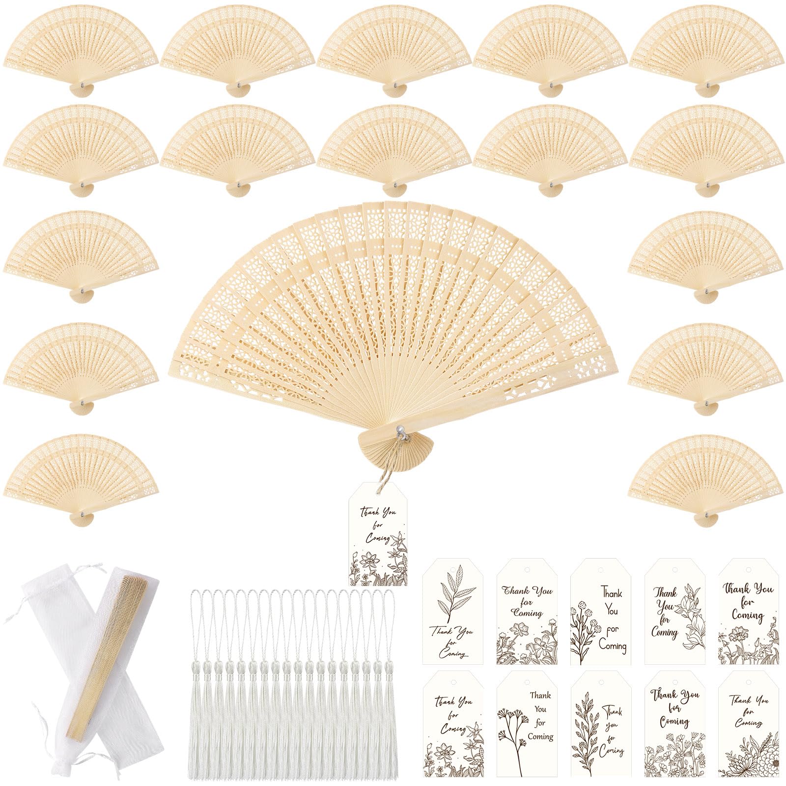 Photo 1 of Marsui 100 Wedding Fans Bulk Folding Wooden Hand Fans Sandalwood Hollow Carved Handheld Fan with Thank You Cards, Tassels and Gift Bags for Wedding Guests Party Favors(Stylish Style)