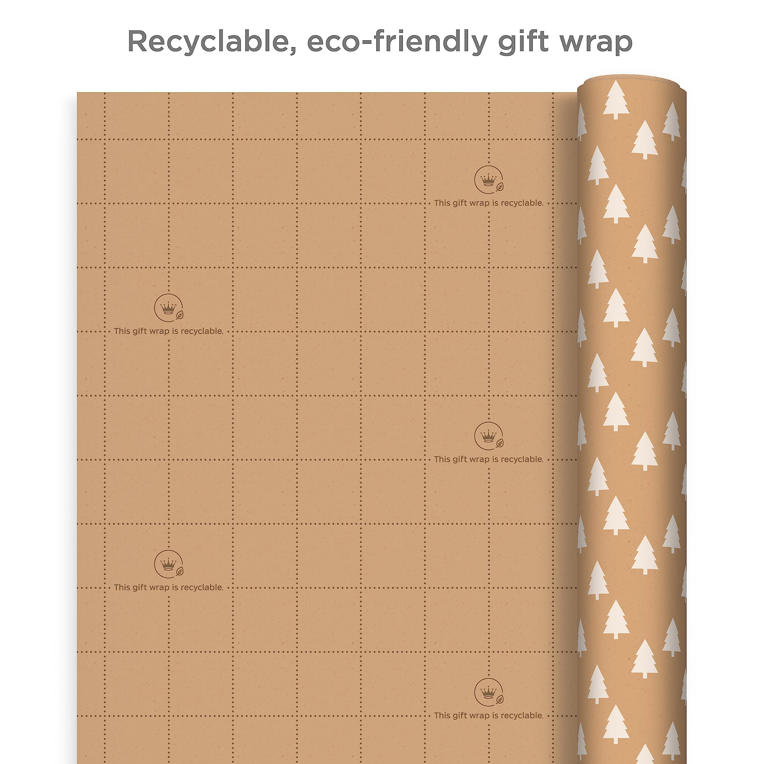 Hallmark Christmas Wrapping Paper Rolls - Minimalist Brown Kraft Trees, Antlers, Snowflakes Gift Wrap Paper (3 Rolls: 90 sq. ft. ttl.) for Holiday Parties, Hanukkah, Winter Weddings