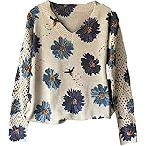 GORGLITTER Women's Floral V Neck Boho Lightweight Sweaters Hollow Out Long Sleeve Crochet Tops Vintage Knit Top