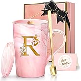 Coffee Mugs - Birthday Gifts for Women, Personalized Initial Customized Mug Tea Cup with Lid 14 Oz Pink, Spoon Greeting Card, Luxury Gift-Boxed Christmas Gift for Her Wife Mom Grandma Friend Unique,R