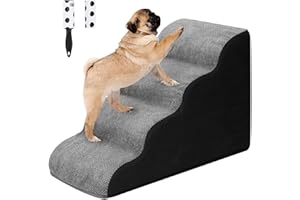 4 Steps Dog Ramp/Stairs for Beds and Couches,MOOACE Pet Steps with High Density Expand Immediately Foam, Washable Cover and Pet Hair Remover Roller - Reduce Stress on Pet Joints Gray/Black