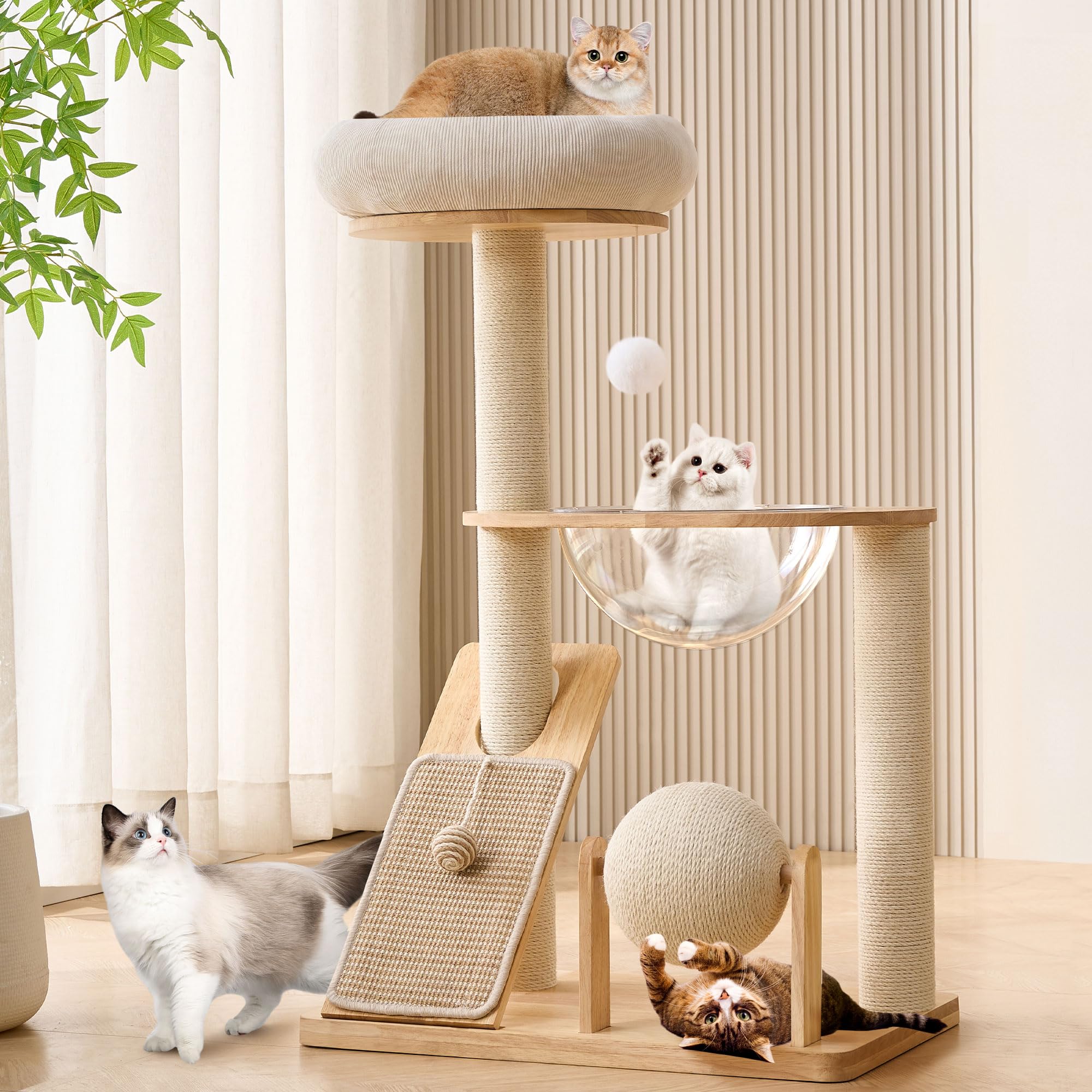 Photo 1 of **NO HARDWARE**
HITTITE Solid Wood Cat Tree Tower with Scratching Post, 37.8 Inches Tall Cat Towers with Scratching Board and Scratcher Ball, Modern Cat Tower With Space Capsule and Removable Top Bed for Indoor Cats.