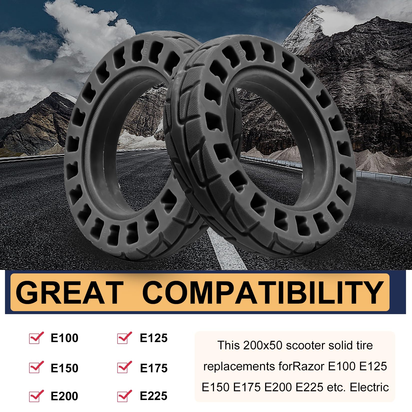 200x50 Solid Tire, 200x50 8''x2'' Scooter Replacement Wheels for Crazy Cart Razor Cart E100 E125 E150 E175 E200 E200s E225 Electric Scooter, 8 Inch Tubeless Rubber Solid Tires