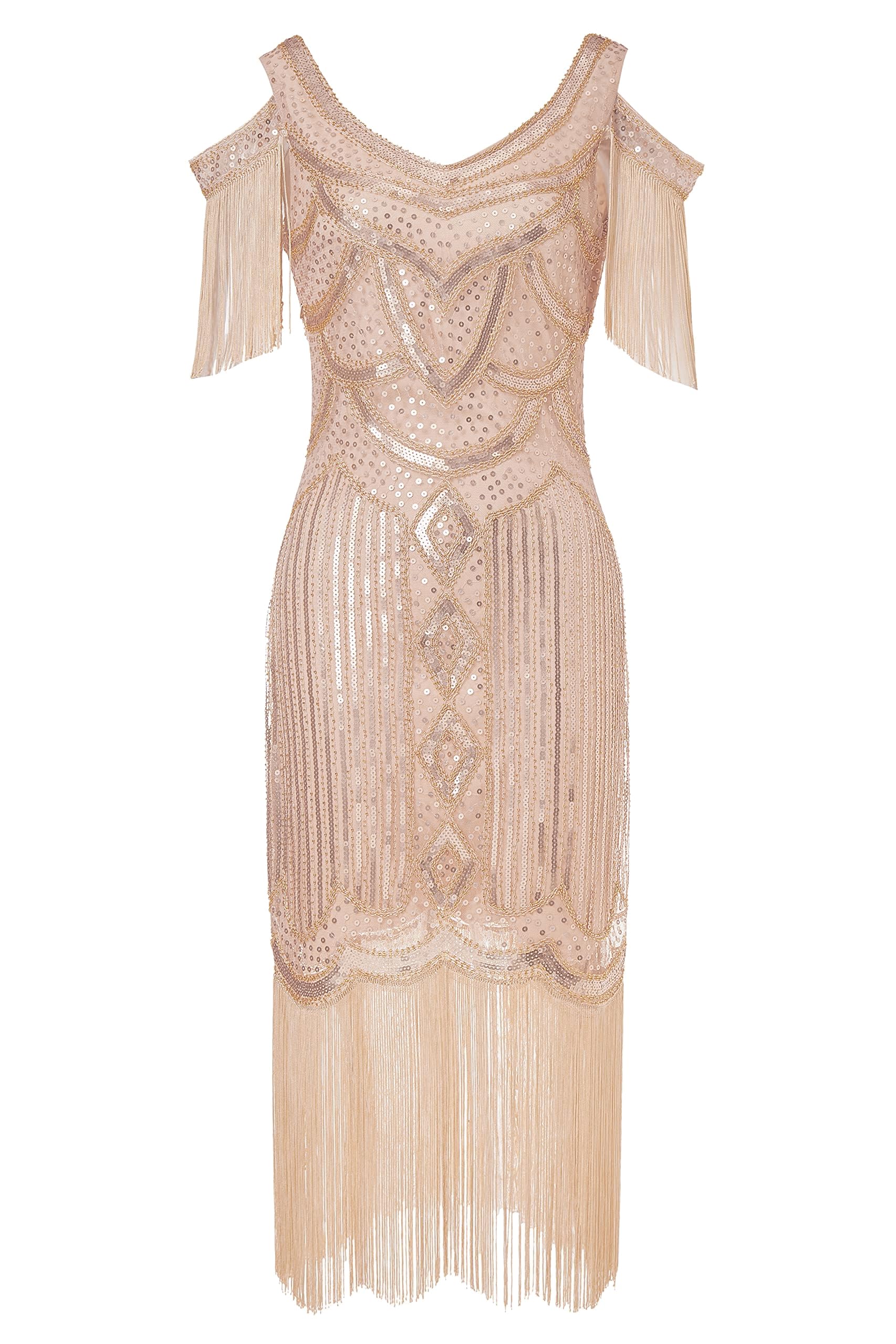 Photo 1 of (MEDIUM) (BAGGED) BABEYOND Womens 1920s Flapper Dress Vintage Long Fringe Dress Roaring 20s Sequins Beaded Dress Rosegold