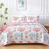 Heymybed Coastal Quilt Set Queen Size, 3 Pieces Pink Bedspread Coverlet with 2 Pillow Shams, Soft Microfiber Reversible Summer Beach Quilt Bedding Set for All Season 96"×90"