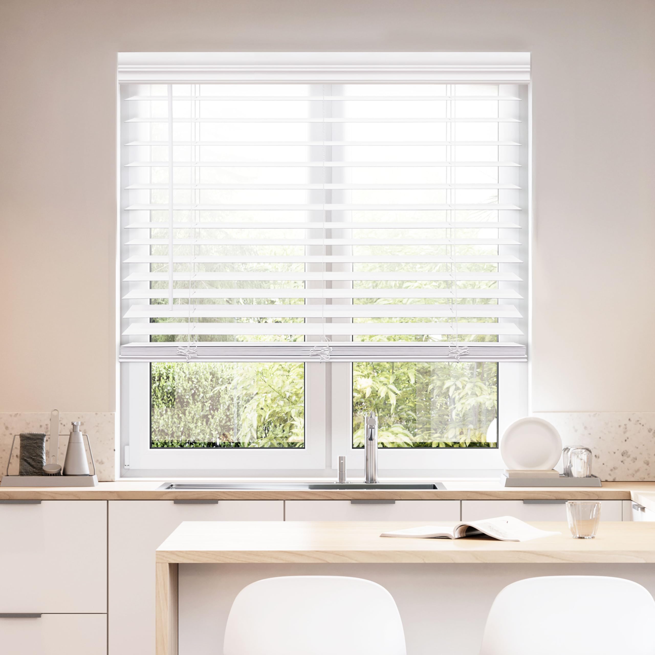 DEZ FURNISHINGS Cordless 2" Faux Wood Blind, 31.25" W x 84" H, White Image