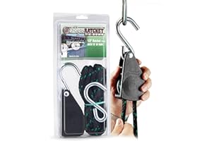 Rope Ratchet Heavy Duty 1/2" Hoist with Locking Pulley, Adjustable Hanger for Grow Lights, Canopies, Kayaks, 15' Braided Poly