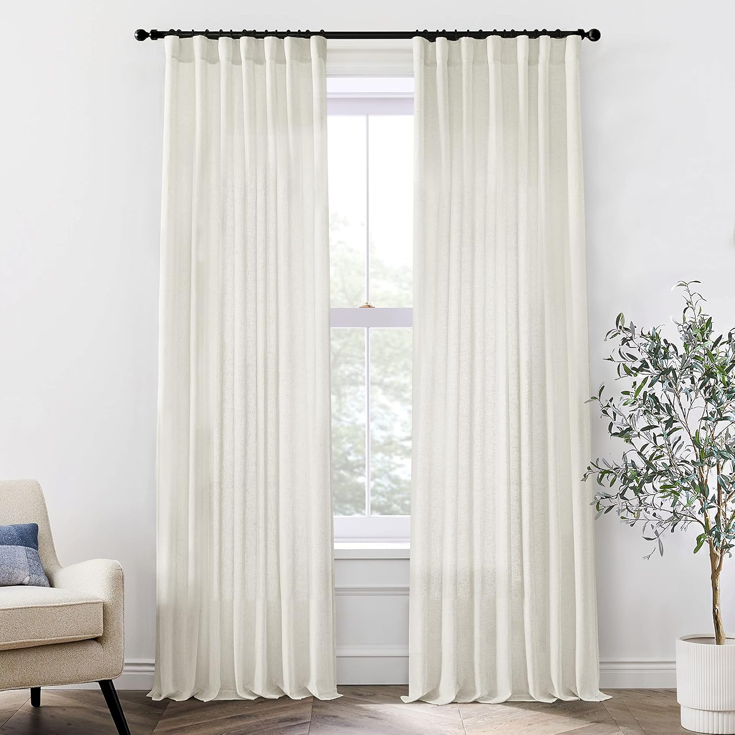 Window Treatments - 96 Inches Long Modern Farmhouse Linen Curtains for Living Room,Hang Pin Hooks(No Rings)Back Tab Sheer Pleated Curtains for Bedroom Dining Room,96 Length 2 Panel Set,Ecru Cream Colored(Ivory/Off White)