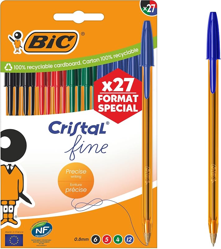 Cristal Original Stylos-Bille Pointe Fine (0,8 mm) - Couleurs Assorties, Corps Orange, Boîte de 27