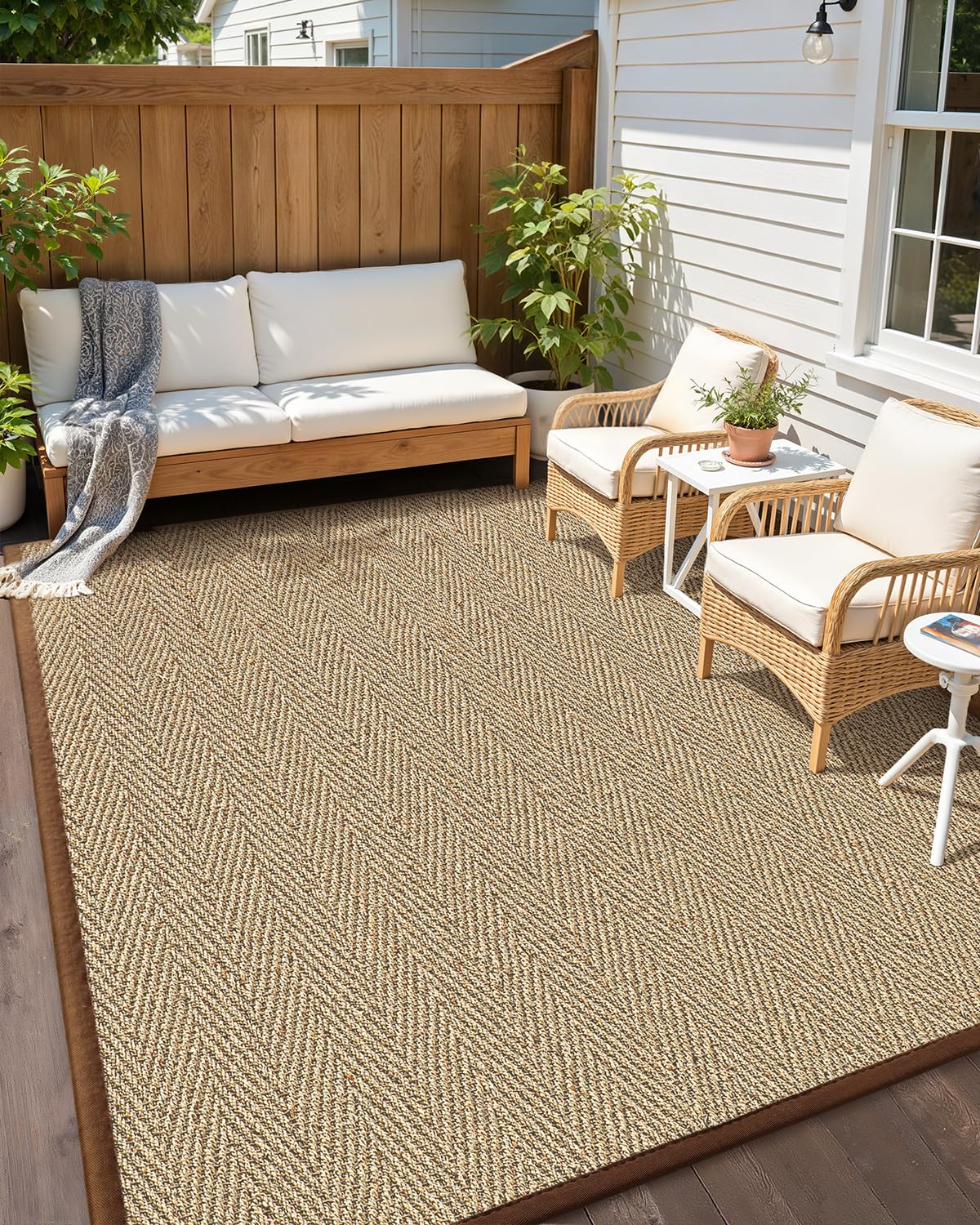 Photo 1 of Color&Geometry Handwoven Water Grass Rug 8x10 with Non-Woven Backing,Indoor/Outdoor Tan Herringbone Natural Fiber Area Rug, Easy Clean Natural Casual Decor for Patio, Deck, Living Room, Dining Room