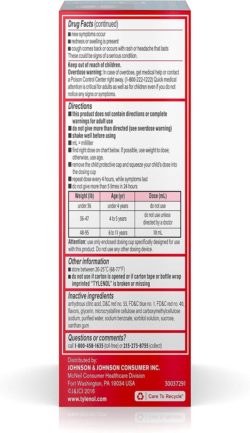 Children's Tylenol Cold + Cough + Runny Nose & Fever Medicine with Acetaminophen, Grape, 4 fl. oz: Health & Personal Care