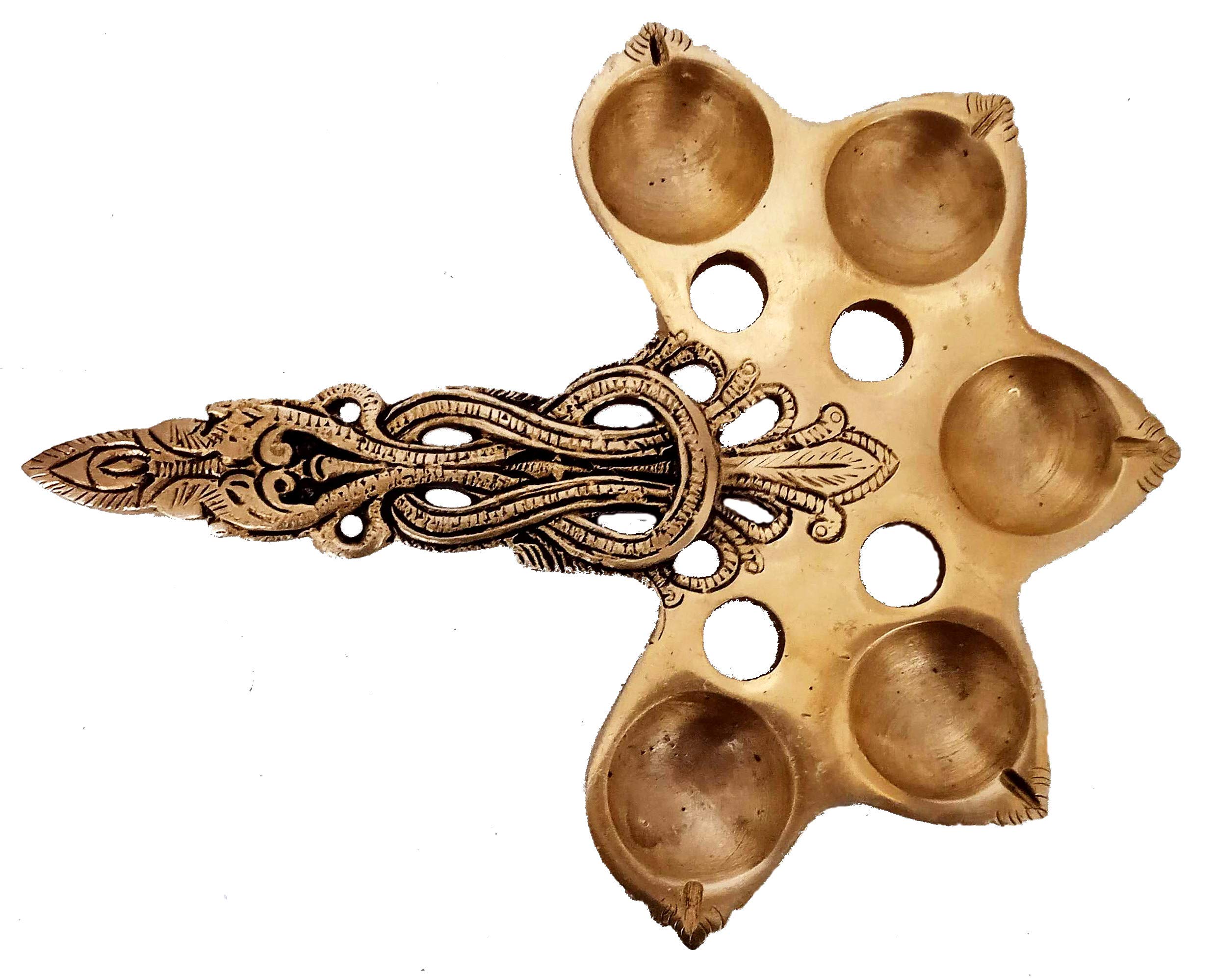Purpledip Brass 5 Batti Aarti Deepam: Antique Handheld Oil Lamp Diya for Home Temple (12260)