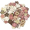 POPETPOP Wooden Buttons for Crafts: 100 Pcs 2 Hole Flower Shaped Decorative Buttons - Retro Flower Printed, Random Color Patterns (20mm)