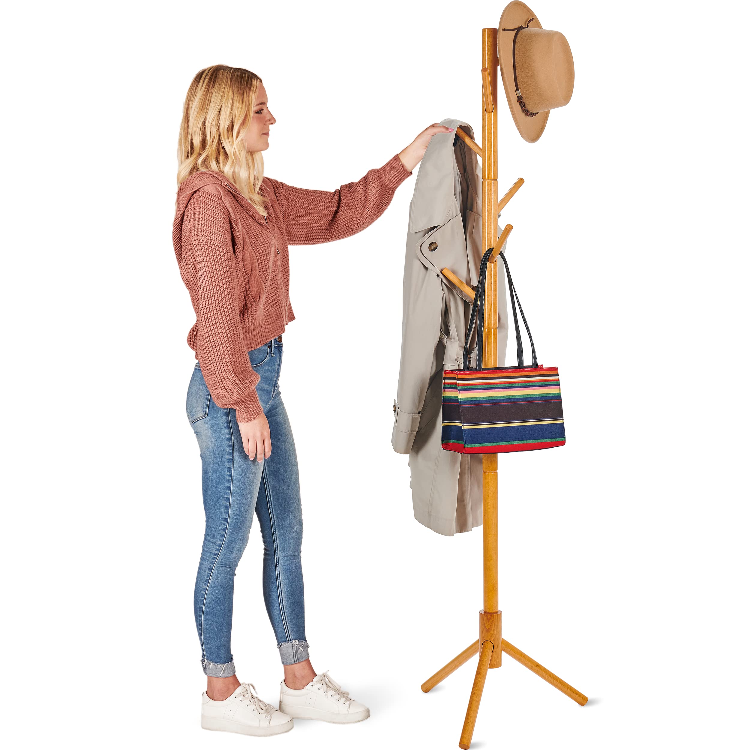 High-Grade Wooden Tree Coat Rack Stand, 6 Hooks, Super Easy Assembly NO Tools Required, 3 Adjustable Sizes Free Standing Hallway Coat Hanger Hat Stand, for Handbag Clothes & Accessories - Natural Wood