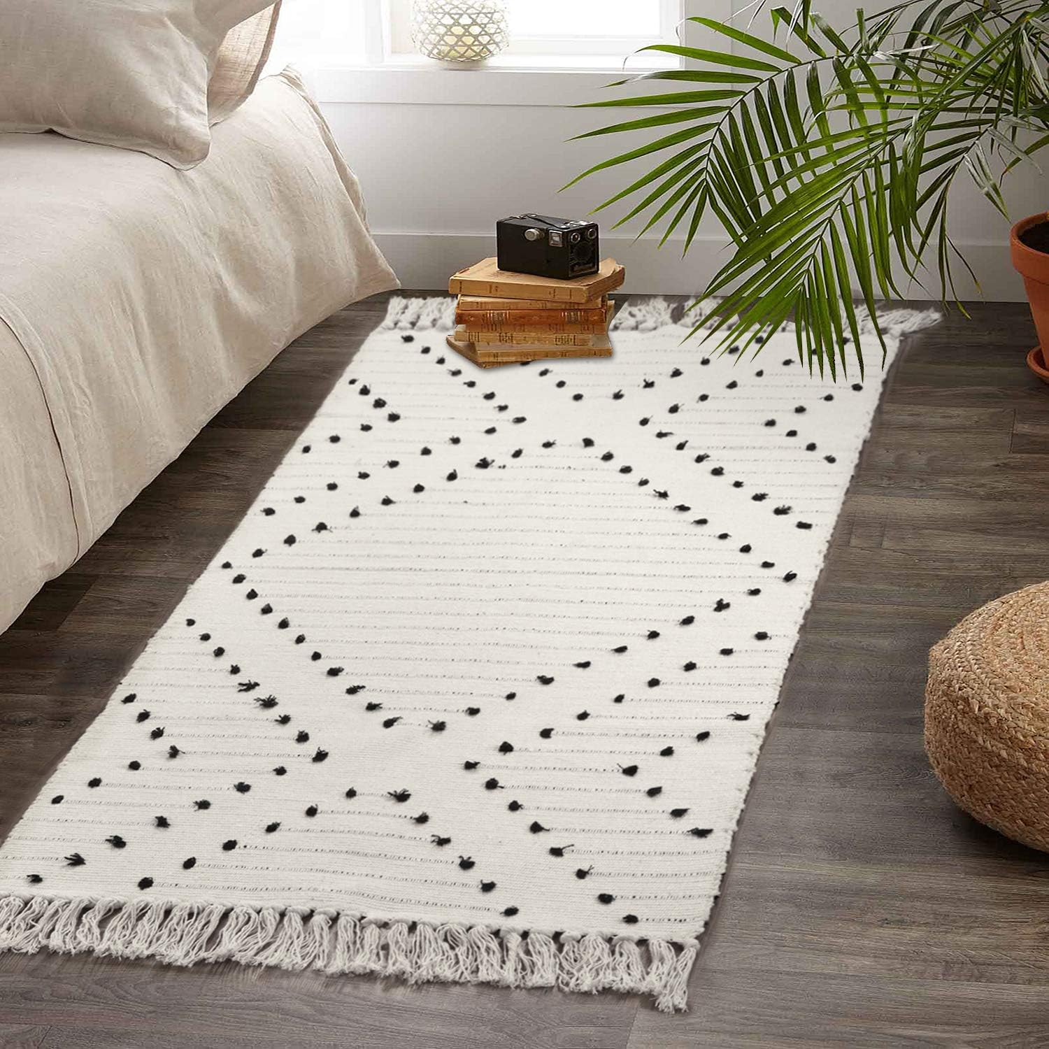 HAOCOO Moroccan Cotton Runner Rug 2’ X 4.3’ Hand Woven