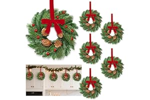 AMENON 6 Pcs Mini Christmas Wreath for Cabinets Kitchen, 12 Inch Small Christmas Wreaths with Lifelike Norfolk Pine Aspen Fir Tips Cones Red Berry Bow Xmas Door Wreath for Front Door Porch Wall Window Indoor