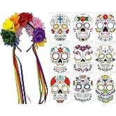 Amreich Day of the Dead Costume for Women - Floral Marigold Headpiece & 9 Sugar Skull Face Tattoos Set | Dia de Los Muertos & Halloween Accessories