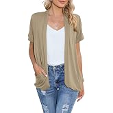 HIYIYEZI Open Front Cardigan Sweaters for Women with Pockets Lightweight Short Sleeve Ruffle Front Kimono Cardigan Duster