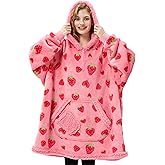 Giggling Getup Wearable Blanket Hoodie for Adults Gifts for Teen Girls Sister Women Sherpa Fleece Printed Hooded Blanket Sweatshirt Warm Cozy with Pocket & Sleeves Strawberry