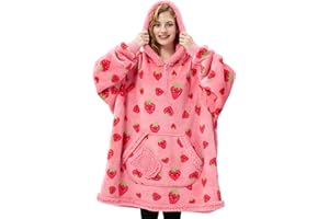 Giggling Getup Wearable Blanket Hoodie for Adults Gifts for Teen Girls Sister Women Sherpa Fleece Printed Hooded Blanket Sweatshirt Warm Cozy with Pocket & Sleeves Strawberry