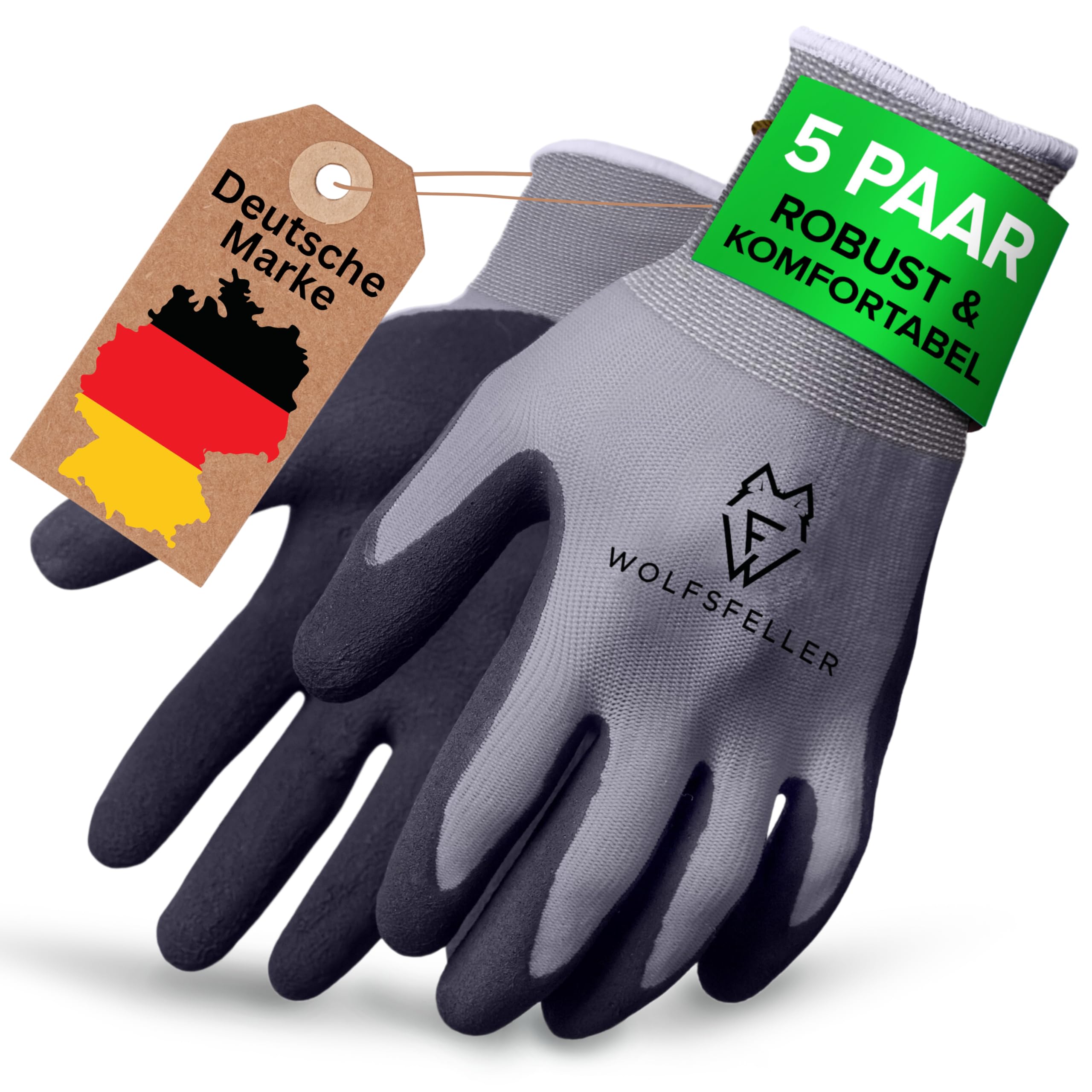 WOLFSFELLER Premium Work Gloves, Size 8, 5 Pairs, Robust and Comfortable Assembly Gloves for Women, with Durable Nitrile Coating