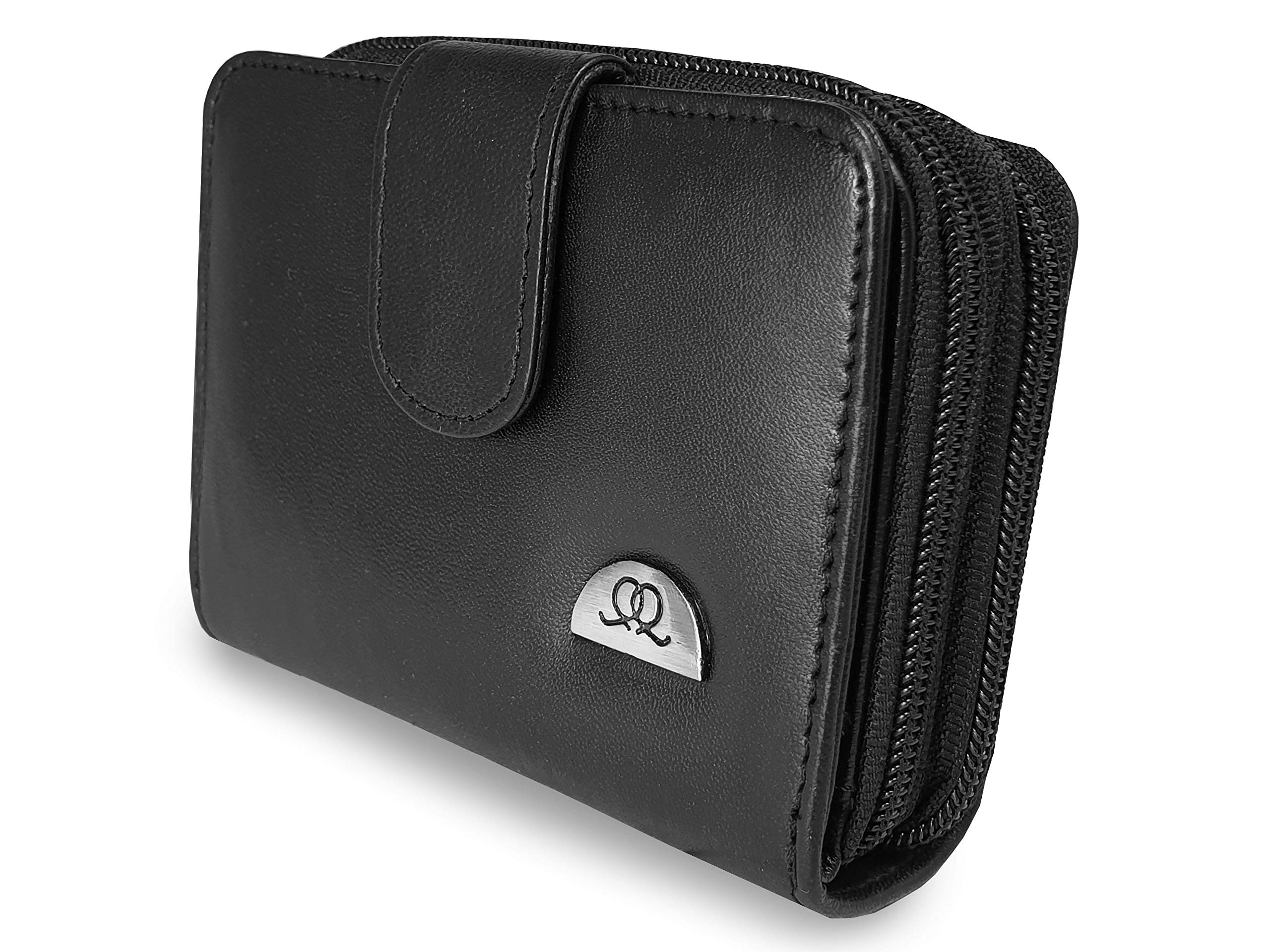 Quenchy London Ladies Leather Purse RFID Blocking - in Present Box - 6 Credit Card Spaces Zip Closure - CONTACTLESS Theft Protection - Zipped Up Coin Section Photo Page QL330KX (Black Gift Boxed)