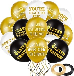 45 Pieces 12 Inch Funny Coworker Going Away Last Day Office Party Balloons, White and Gold Black Retirement Latex Balloon Farewell Balloon with 2 Ribbon Decors for Colleague Going Away Party Supplies