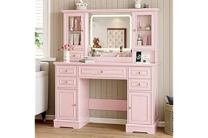 BORNOON Vanity Desk with Lights, Large LED Mirror with 3 Color Modes, Makeup Vanity with Power Outlet & USB Ports, 6 Drawers & 2 RGB Glass Cabinets, Farmhouse Dressing Table for Women & Girls (Pink)