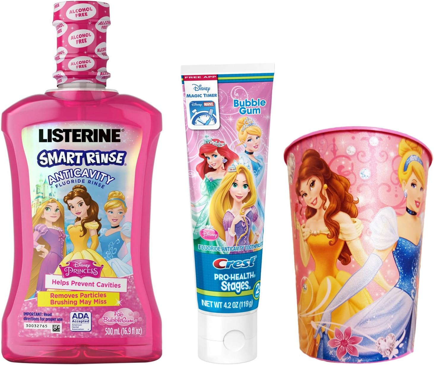 Disney Princess Toothpaste & Mouthwash Bundle: 3 Items; Listerine Bubblegum Rinse, Crest Bubblegum Toothpaste, Disney Princess Kids Rinse Cup