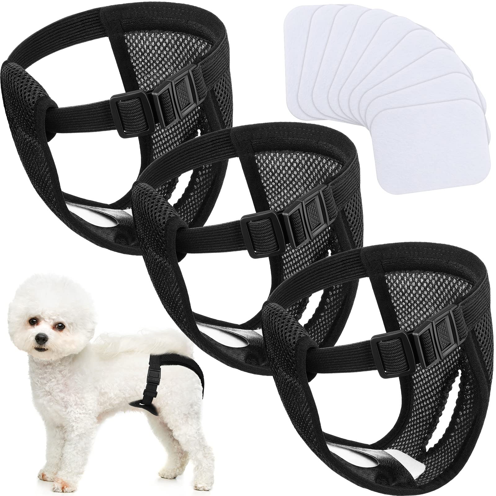 3 Pack Dog Season Pants Dog Nappies with 9 Sanitary Pad Washable Protective Trousers for Female puppy in Heat Monthly Bleeding Washable Protective Pants, Black(Medium)