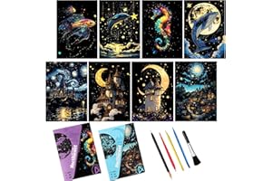 LEIBSTER Sheets Scratch Art Adult Noctilucent Rainbow Scratch Paper Notebook Paint by Scratch Kit for Arts and Crafts Gift with Scratch Art Tools （Castles & Animals）