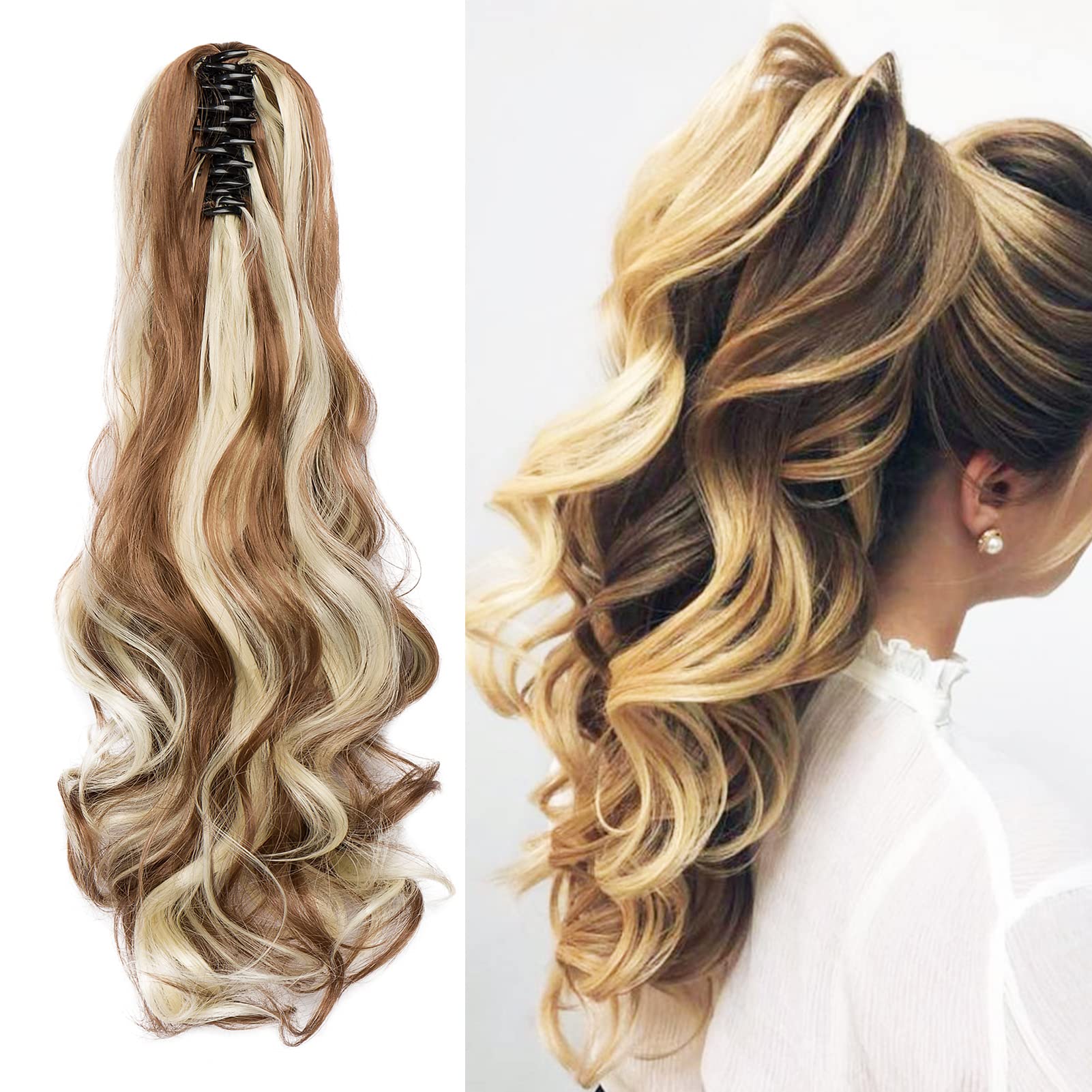 Claw on Ponytail Clip in Hair Extensions Hairpiece Extension Synthetic Curly Wavy Jaw Pony Tail Long Natural (Golden Brown&Bleach Blonde) — image 1
