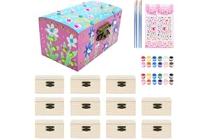 MicoSim 12 PCS Wooden Box,Treasure Chest with 12 Color Paints,12 PCS Unfinished Unpainted Wood Box with 2 Diy Adhesive Drilles,Small Wooden Box for Keepsake Boxes, Jewelry Box