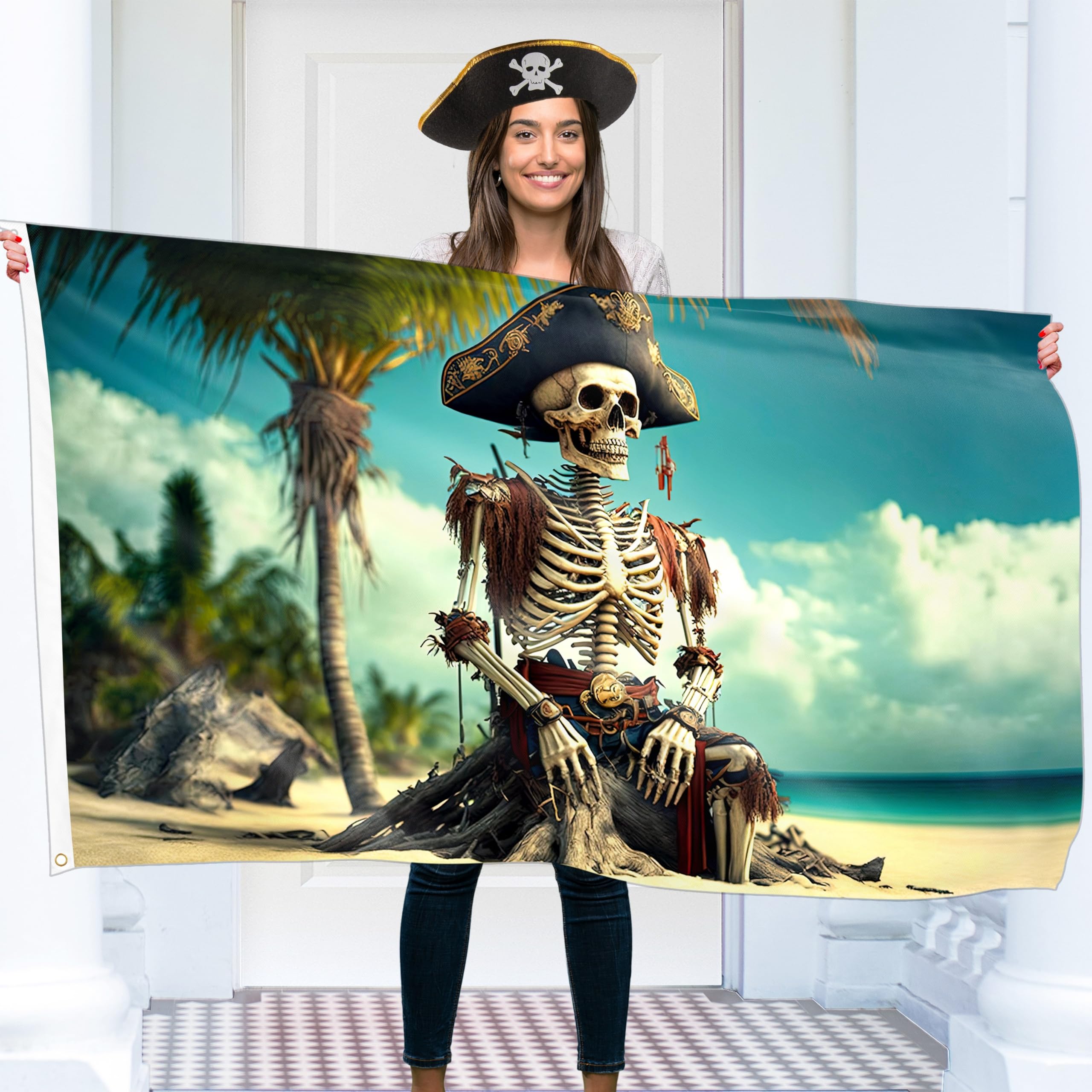 KASKANA Pirate Flag – Jolly Roger Flag with Skeleton on the beach- Double-sided Print – 110Den polyester - Double Seam - 2 brass eyelets, large 5ft x 3ft