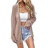 Women's Crochet Cardigan Sweater Long Sleeve Open Front Lightweight Boho Cover Up Summer Knit Cardigans Khaki, Large