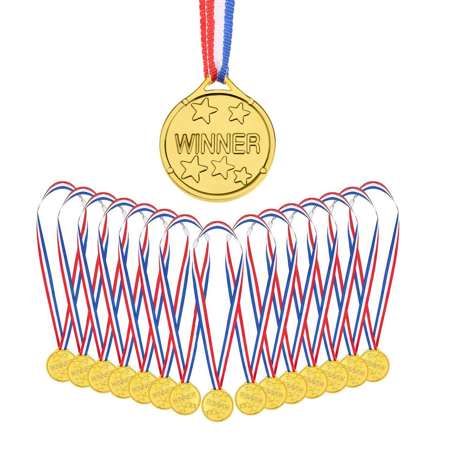 AUERVO 50 Pieces Gold Plastic Winner Medals Kids Children's Party Award Medals with Neck Ribbons for Kids Sports Prizes Party Favors