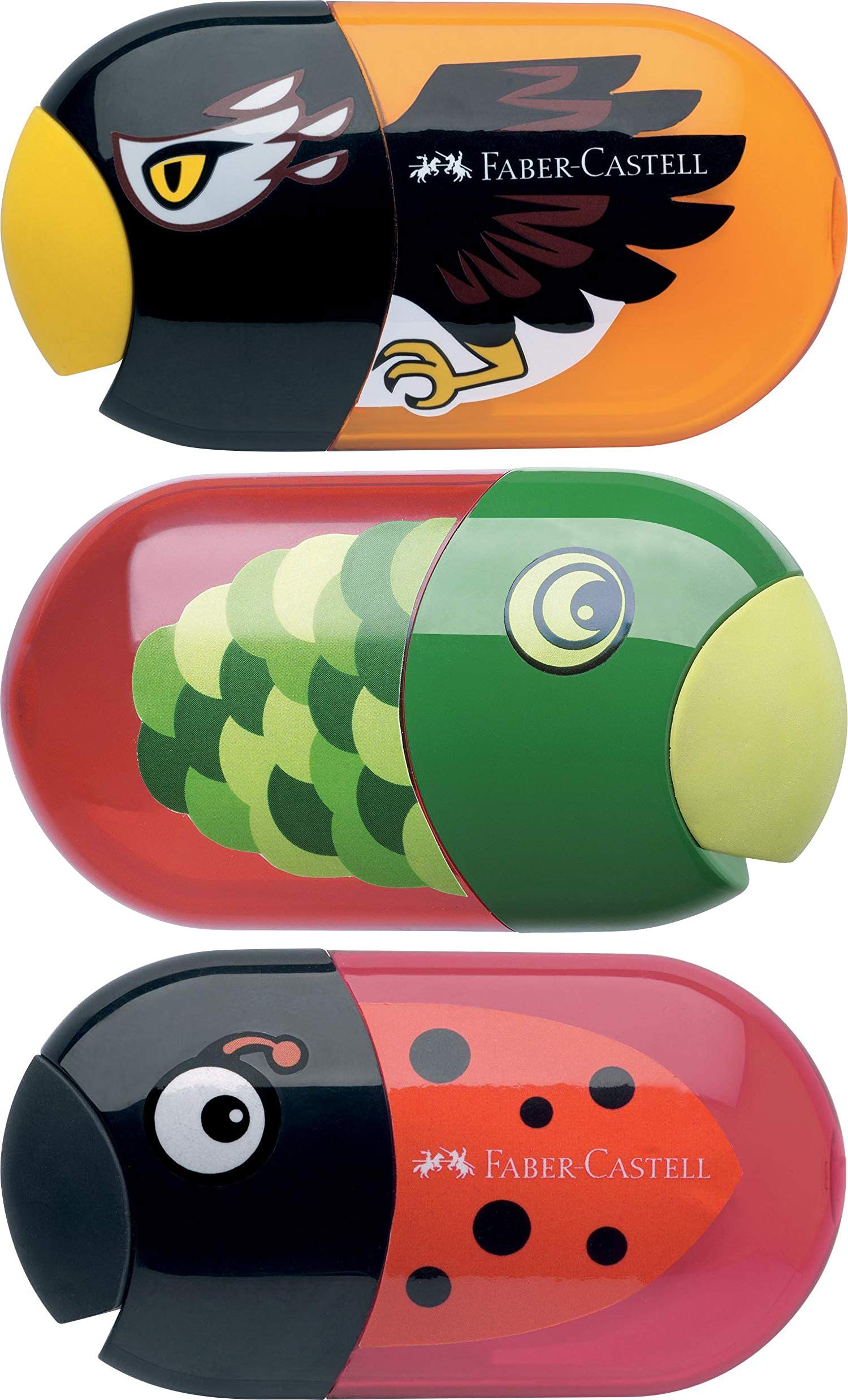 Faber-Castell - Double Pencil Sharpener with Eraser (Ladybug + Fish + Eagle)