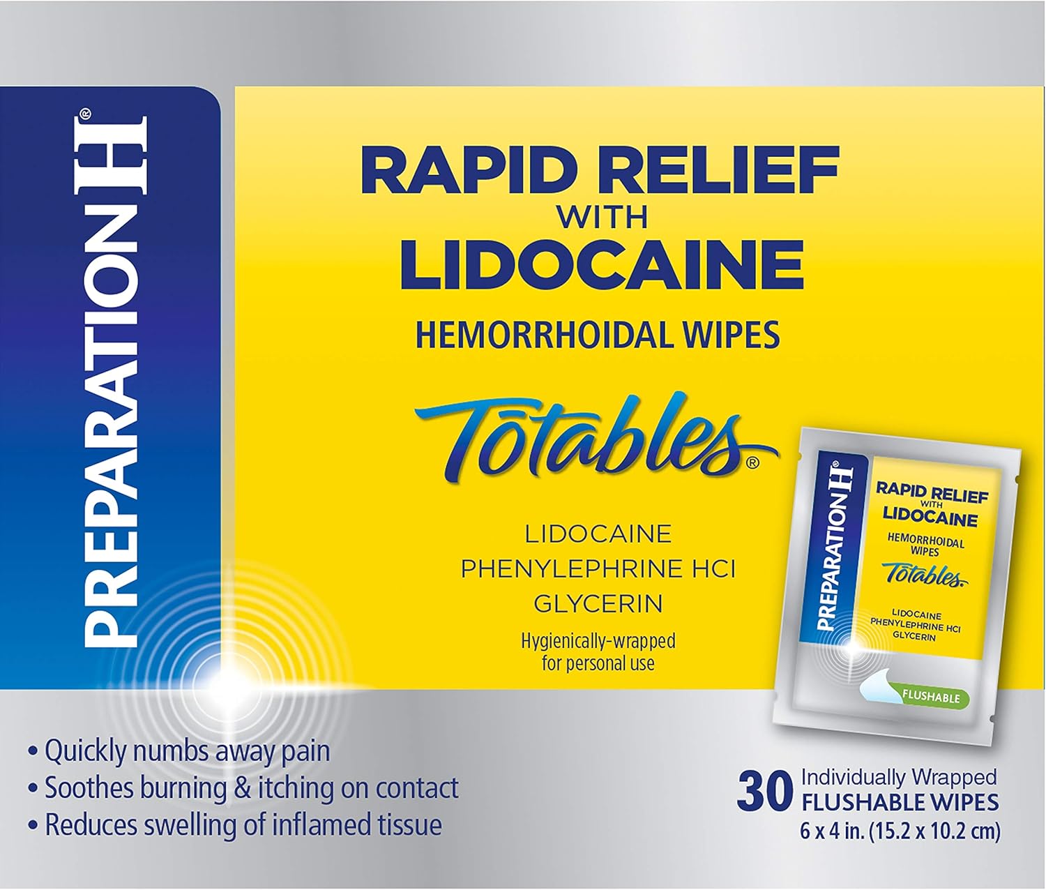 Preparation H Rapid Relief with Lidocaine Hemorrhoid Symptom Treatment Flushable Wipes, Numbing Relief for Pain, Burning and Itching, Reduces Swelling, 30-count Box: Health & Personal Care