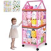 FIOBEE Stuffed Animals Storage Zoo With Wheels 360 Degree Movable Plushies Toy Storage Organizer Large Stuffed Animal Holder Cage With DIY Stickers for Nursery Play Room Kids Room Organization, Pink