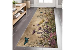 Floral Runner Rug 2x6 Vintage Butterfly Floral Rug Runner for Hallways, Rustic Botanical Flowers Area Rugs, Retro Plant Flowe