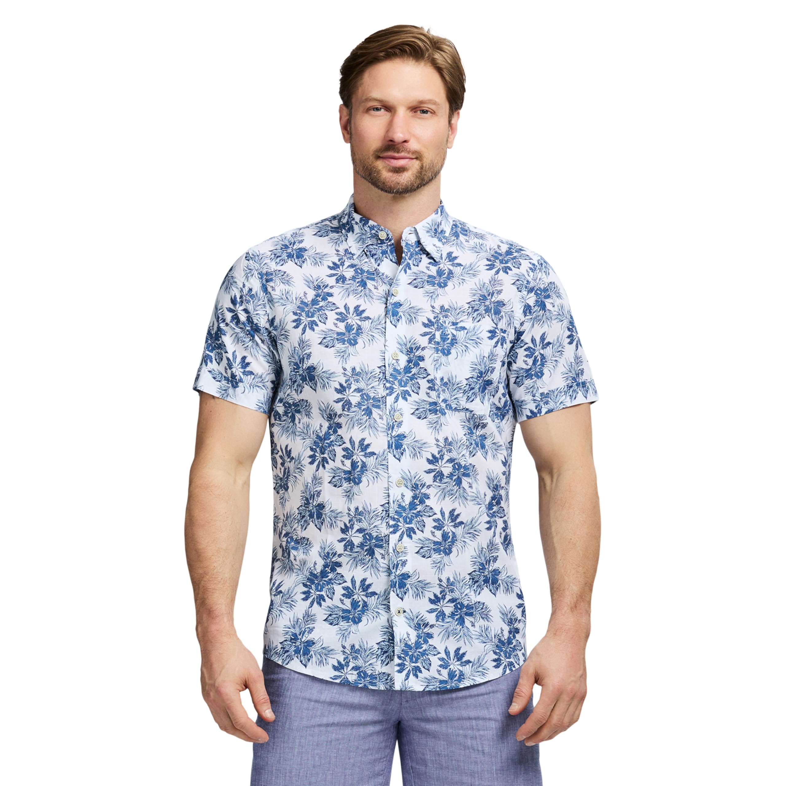 IZOD Men’s Saltwater Dockside Short Sleeve Button Down Shirt, Bright White Printed
