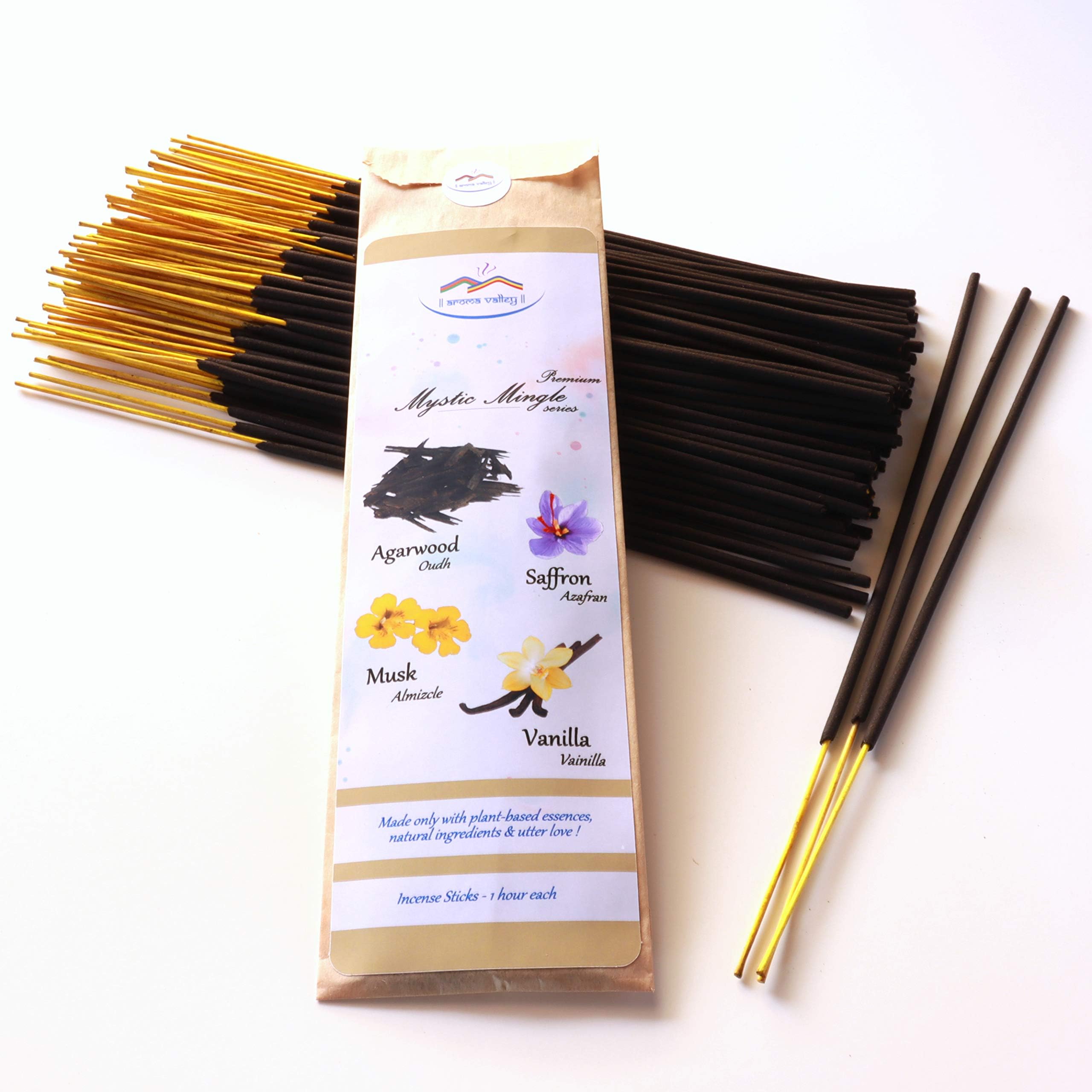Aroma Valley Incense Sticks - Saffron, Vanilla and Egyptian Musk - 100 Hand-Dipped Incense Sticks - Premium Quality Natural Incense Sticks- Mystic Mingle Series - Free Incense Holder
