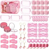74PCS Baby Shower Prizes for Game Winners with Clear Makeup Bags Glitter Mirrors Belly Rulers Baby Feet Keychains Headbands Hair Claws for Baby Shower Games and Bridal Shower Favors (Pink, 6 Sets)