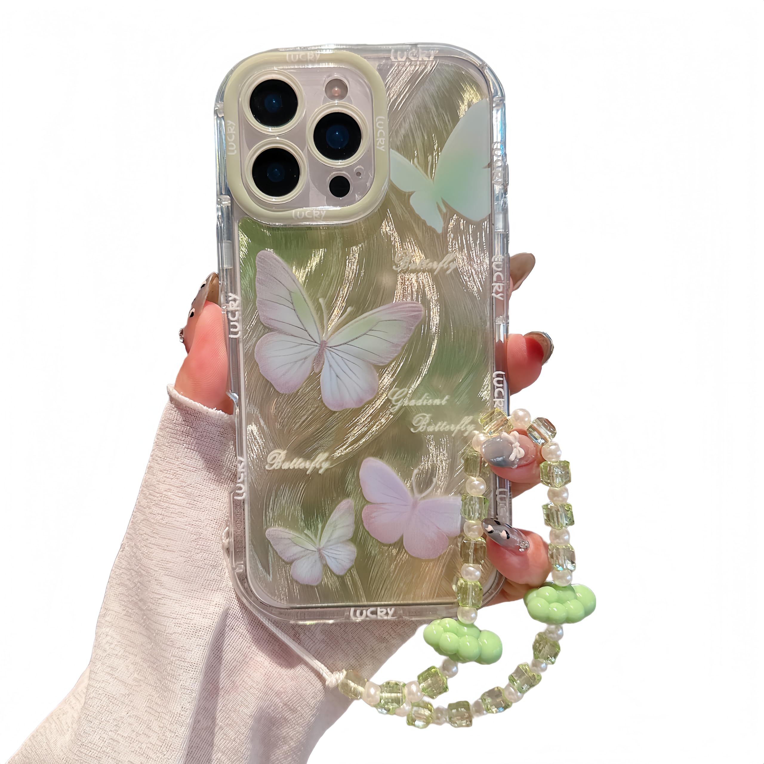 Photo 1 of Pretaco for iPhone 15 Pro Case, Light Green Butterfly Pattern Design,Glitter Sparkling Laser Case,2-in-1 with Beaded Wrist Strap,Soft TPU Frame, Shockproof and Anti-Shock, Suitable for Women & Girls
