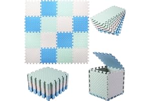 Tamiplay Foam Play Mat for Baby, EVA Soft Non-Toxic Baby Playmat, Interlocking Floor Mats, Solid Colored Foam Puzzled Floor Mats, Baby Play Mat Exercise Mats, 16 Tiles(White/Green/Light Blue)