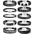 BOMAIL 10Pcs Black Leather Bracelets for Men Women Braided Leather Wristband Cuff Bracelets Punk Leather Bracelets Set