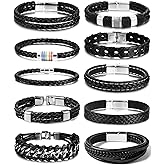 BOMAIL 10Pcs Black Leather Bracelets for Men Women Braided Leather Wristband Cuff Bracelets Punk Leather Bracelets Set