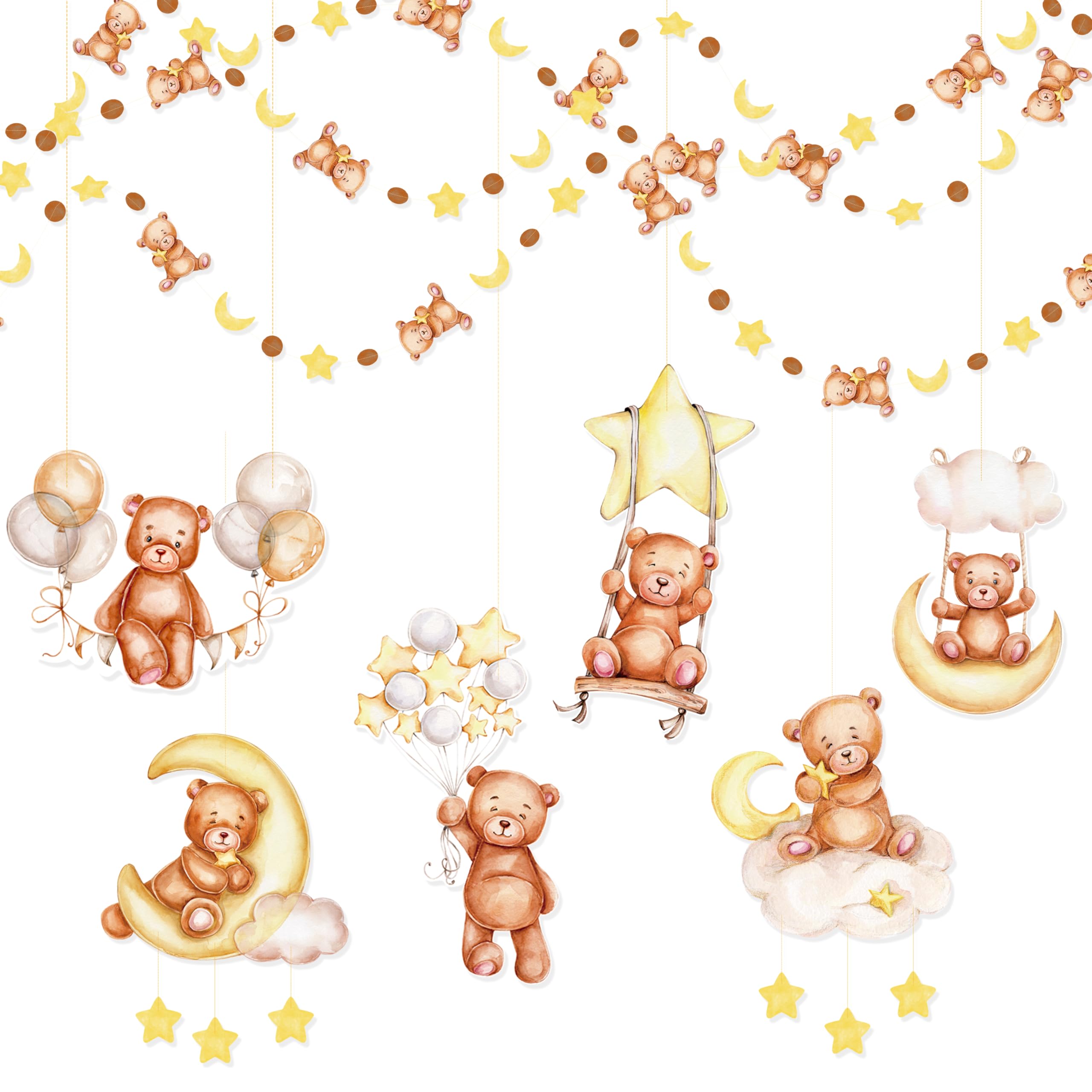 10PCS Teddy Bear Star Moon Garland Party Decorations Cream Tan Brown Boho Bear Hanging Cutout Streamer Backdrop for We Can Bearly Wait Birthday Kids Baby Shower Classroom Nursery Wall Ceiling Decor